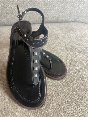 Women's Black Grendha Studded T-Strap Sandals with Ankle Buckle size 7